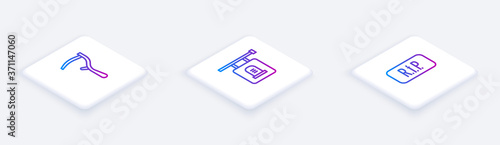 Set Isometric line Scythe, Signboard tombstone and Speech bubble rip death. White square button. Vector.