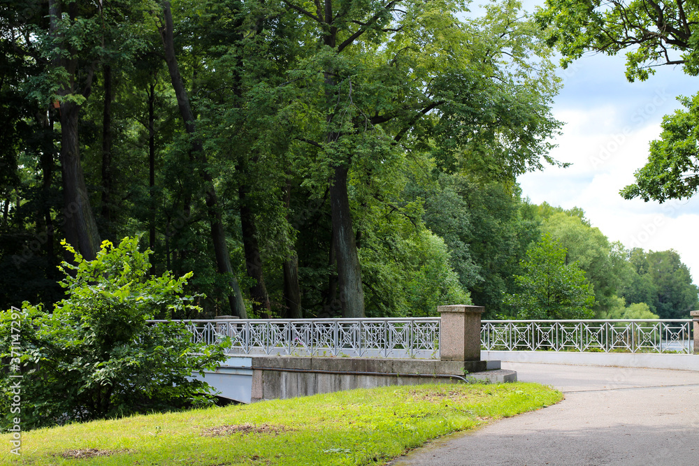 The road to the gray granite bridge over the river with forged metal railings against the sky with clouds.