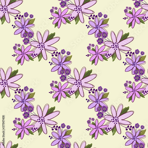 Simple cute floral bouquet vector pattern with small and medium flowers and leaves.