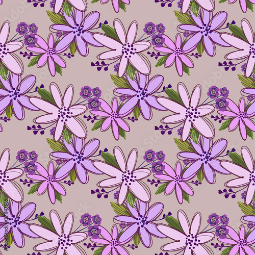 Simple cute floral bouquet vector pattern with small and medium flowers and leaves. © WI-tuss