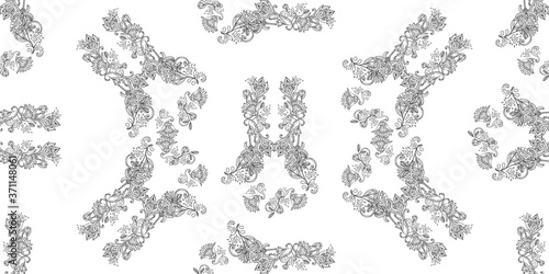 Stylish white floral kalamkari ornament pattern on black background. Vector surface design for fabric, apparel textile, book, interior, wallpaper