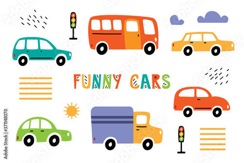 Collection funny colorful cars on a white background. Street with cars, traffic lights, pedestrian crossing and lettering Funny cars.