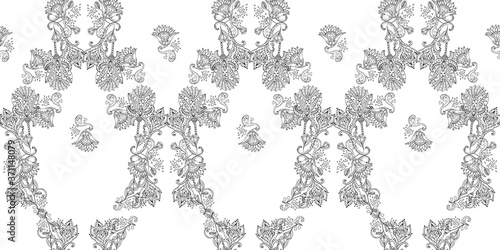 Stylish white  floral kalamkari ornament pattern on black background. Vector surface design for fabric, apparel textile, book, interior, wallpaper