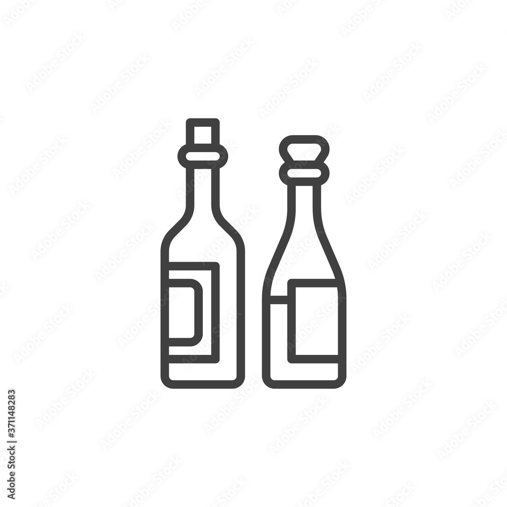 Two wine bottles line icon. linear style sign for mobile concept and web design. Two bottles of wine with cork outline vector icon. Symbol, logo illustration. Vector graphics Two wine bottles line icon. linear style sign for mobile concept and web design. Two bottles of wine with cork outline vector icon. Symbol, logo illustration. Vector graphics