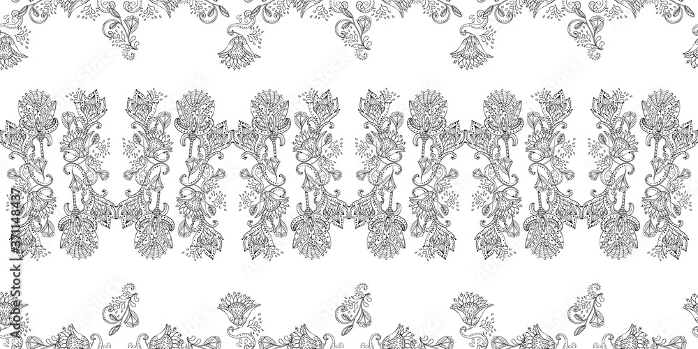 Obraz premium Stylish white floral kalamkari ornament pattern on black background. Vector surface design for fabric, apparel textile, book, interior, wallpaper