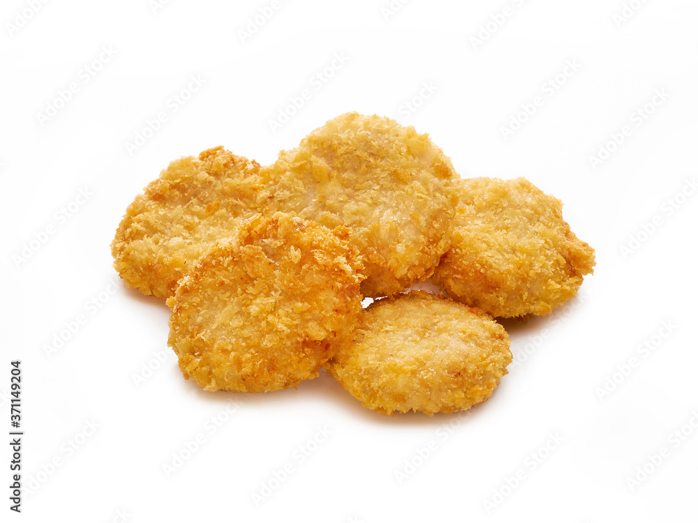 Fried crispy chicken nuggets on white background Fried crispy chicken nuggets on white background