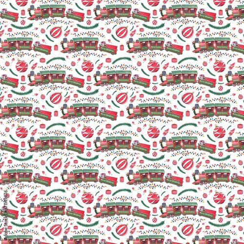 Watercolor Christmas train pattern, with Christmas elements, balls, mistletoe, berries, Merry Christmas, gifts, party, children's train, Christmas wrapping paper.