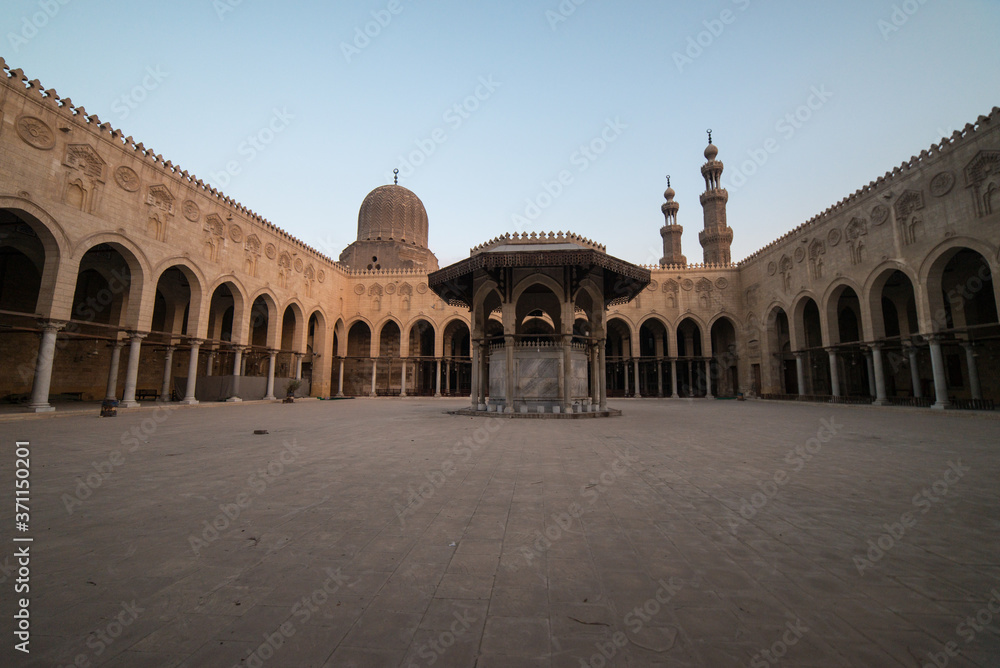 Sultan al-Mu'ayyad mosque courtyard without people at sunset