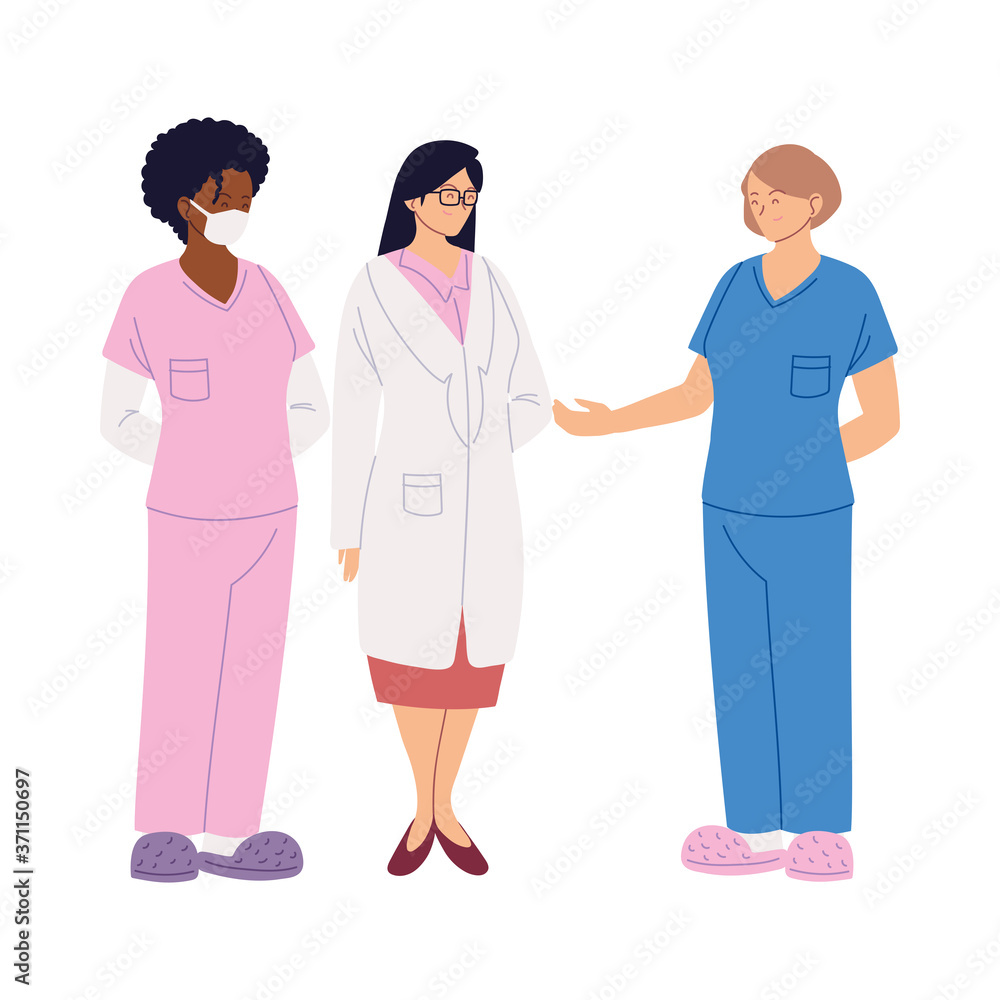 women doctors with mask and uniforms vector design women doctors with mask and uniforms vector design