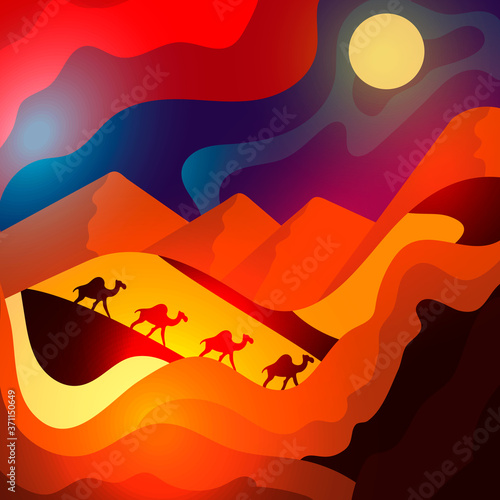 Vector stylized decorative landscape. Desert, a caravan of camels in the sand. Bright blue sky, the dunes, the setting sun. A vivid illustration of an exotic country. 