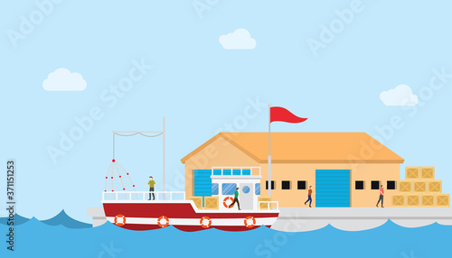 fishery industry concept on small port and warehouse or storehouse building with boat and people with modern flat style