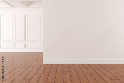 3D render of empty room with wooden floor and classic wall. 