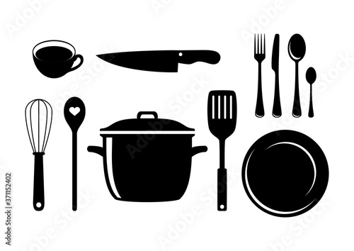 Kitchen tools for cooking icon set vector. Set of kitchen utensils vector. Kitchen tools and equipment vector. Kitchenware black and white silhouette icon set isolated on a white background