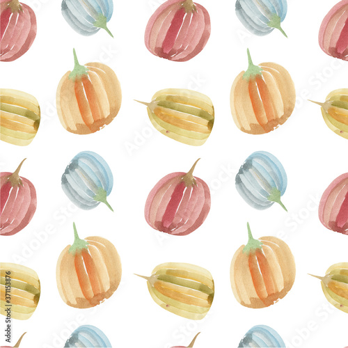 Seamless watercolor pattern with multicolored pumpkins. Autumn harvest. Halloween, holiday, decoration, textiles, wallpaper, packaging.