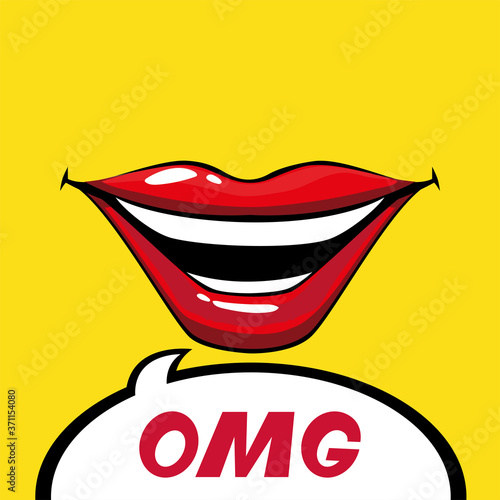 female and red pop art mouth with omg bubble vector design