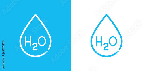 Logotipo lineal gota de agua con texto h2o en fondo azul y fondo blanco