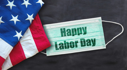 USA flag, covid19 protective mask with text on black color background. National american holiday September2020