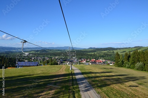 Bialka Tatrzanska. View form the alpine ski lift (or chairlift) from Bialka Tarzanska to the station at the top of the mountain Kotelnica. Summer in Podhale, Poland, Europe