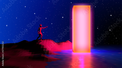 80s styled landscape with human reaching out to touch mysterious neon shiny obelisk. Sci-fi abstract background with esotheric theme in blue and purple synthwave or retrowave colors