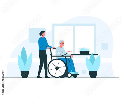 Nurse pushing an elderly man in a wheelchair. Vector concept illustration of young smiling female nurse helping happy senior man in a wheelchair in a cozy interior with plants and flowerpots