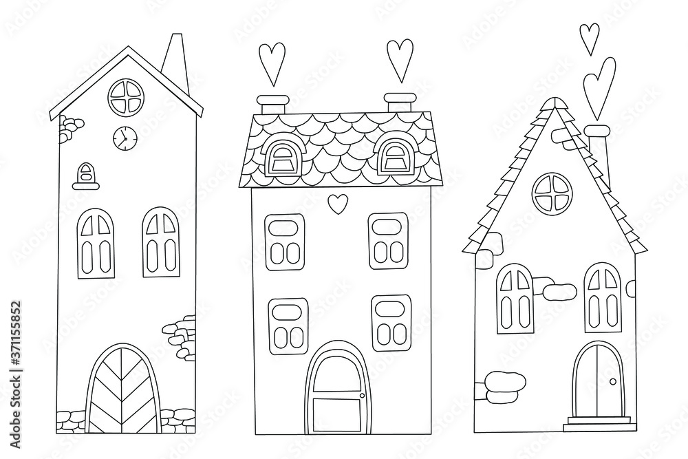 Vector set of a old cartoon house. Line art home isolated on white background 