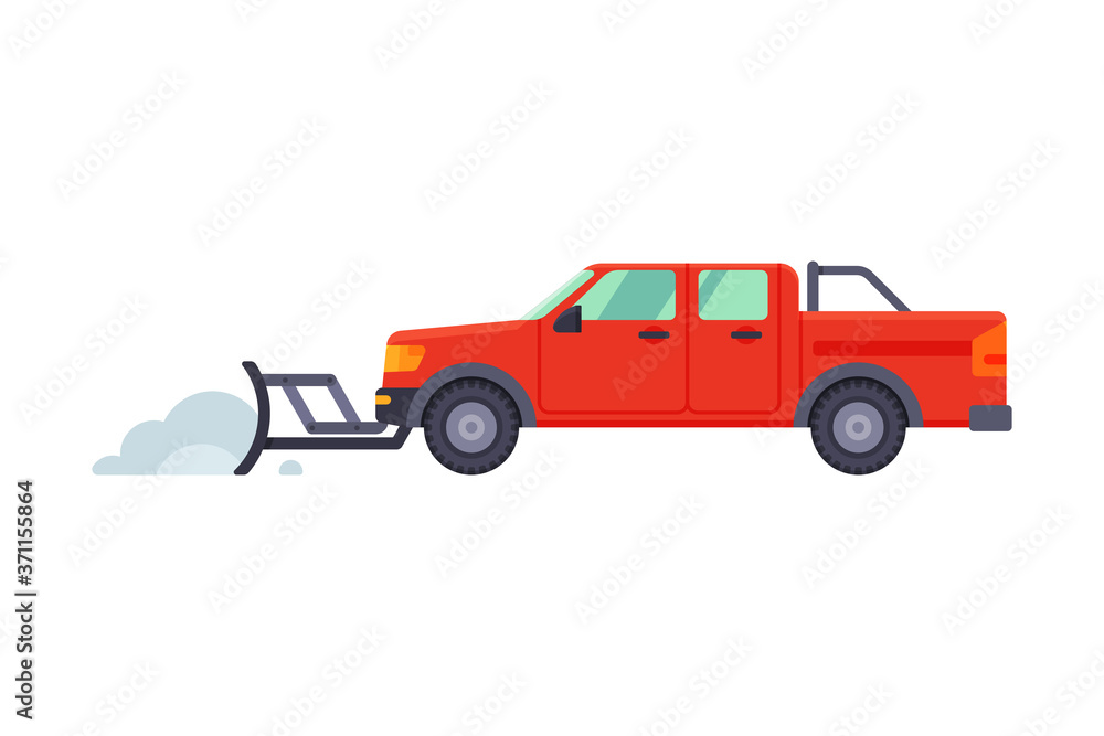 Snow Plow Pick Up Truck, Winter Snow Removal Machine, Cleaning Road Vehicle Vector Illustration