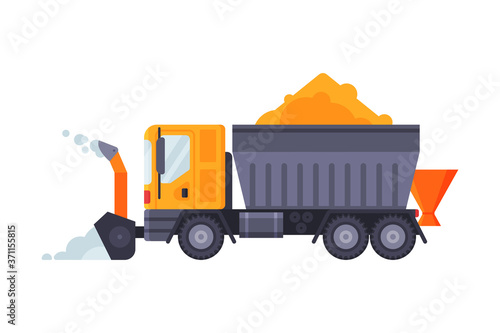 Snow Plow Blower Truck, Winter Snow Removal Machine, Heavy Professional Cleaning Road Vehicle Vector Illustration