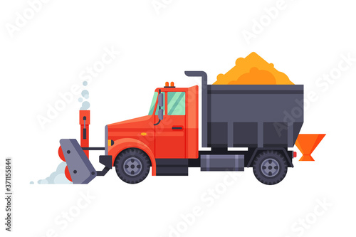 Snow Plow Truck, Winter Snow Removal Machine, Professional Cleaning Road Vehicle Vector Illustration