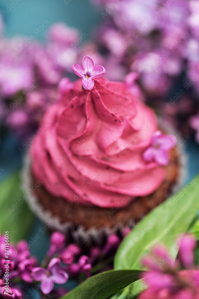 Macro purple flower on pink cupcake among lilac Macro purple flower on pink cupcake among lilac