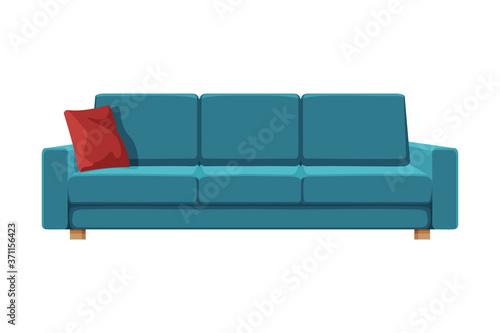 Comfortable Sofa, Cushioned Cozy Domestic or Office Furniture with Blue Upholstery, Modern Interior Design Element Flat Vector Illustration
