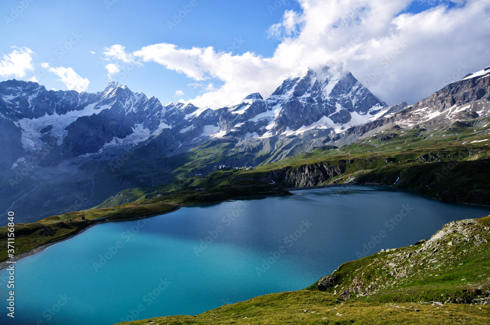Alpine lake with Matterhorn, beautiful landscape near Cervinia, Italy