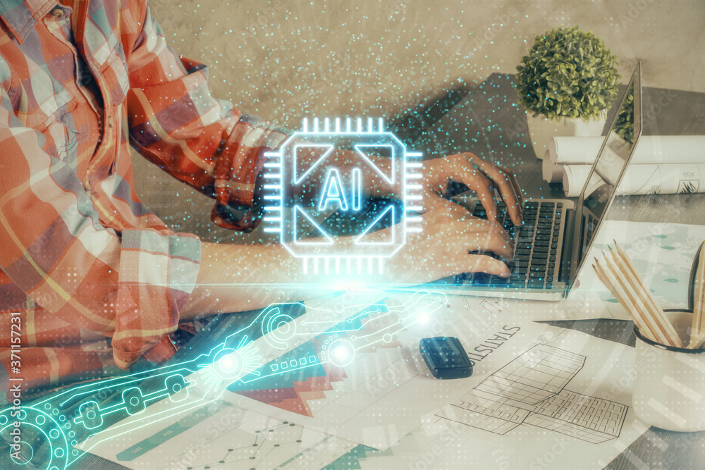 Double exposure of technology hologram with man working on computer background. Concept of big data.