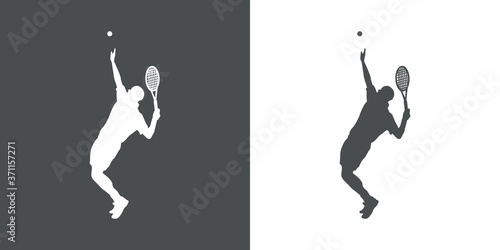 Silueta jugador de tenis con raqueta y pelota en fondo gris y fondo blanco
