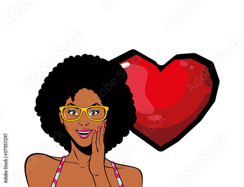 retro black afro woman cartoon with glasses and heart vector design