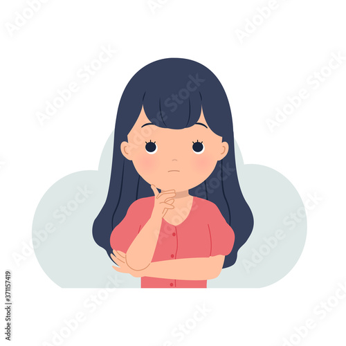 A woman holding her chin while thinking for a solution. Problem solving  confused  idea  contemplate. Flat vector design isolated on white