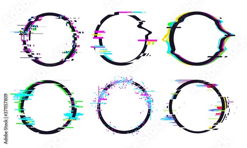 Glitch circle frame effect, circle glitch collection modern, digital tv geometric form and shape. Vector illustration