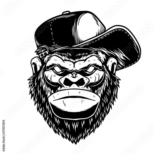 Illustration of head of gorilla had in baseball cap in vintage monochrome style. Design element for logo, emblem, sign, poster, card, banner. Vector illustration