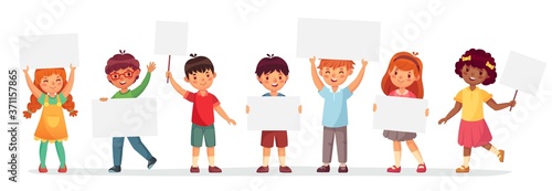 Kids holding banners. Vector boy and girl with empty banner, illustration cartoon school kid and board for text