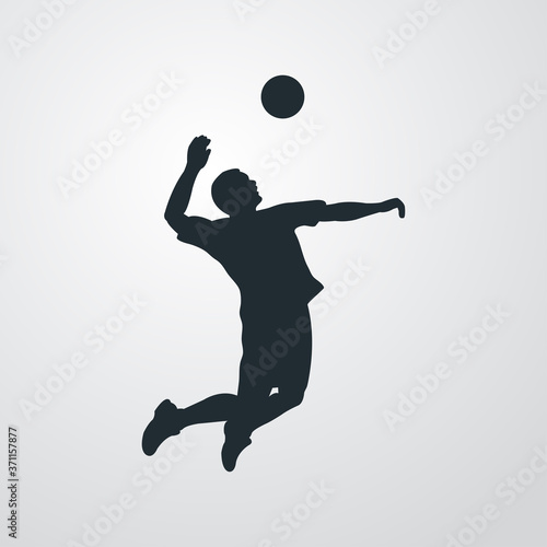 Silueta de jugador de voleibol saltando con pelota en fondo gris