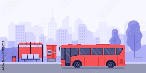 Public transport stop and autobus. Vector bus stop and transport public service illustration