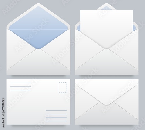 Realistic mail envelopes mockup. Message postal mail, letterhead blank paper mockup, document in envelope, vector illustration