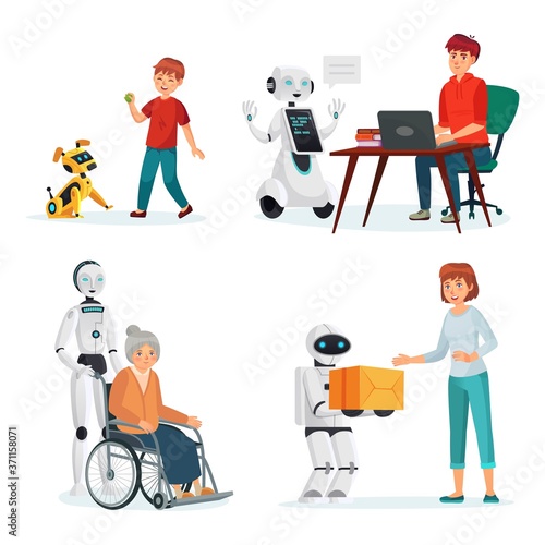 Robots interact with people in various situations. Vector intelligence helper and courier, pet dog computer illustration