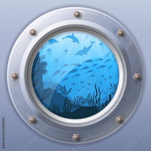 Submarine window view. Vector window view, porthole round from underwater boat illustration, fuselage rounded