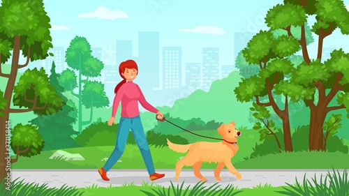 Girl walking with dog. Walk canine, young lady friendship with pet, person outdoor walking. Vector illustration