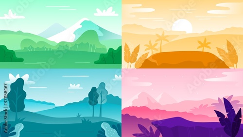 Nature landscape background. Landscape sky and mountain, hill outdoor and tree natural colorful, vector illustration, natural forest sunrise