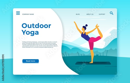 Outdoor yoga classes landing page. Yoga outdoor banner, healthy sport lifestyle web page, vector illustration. Sport landing page