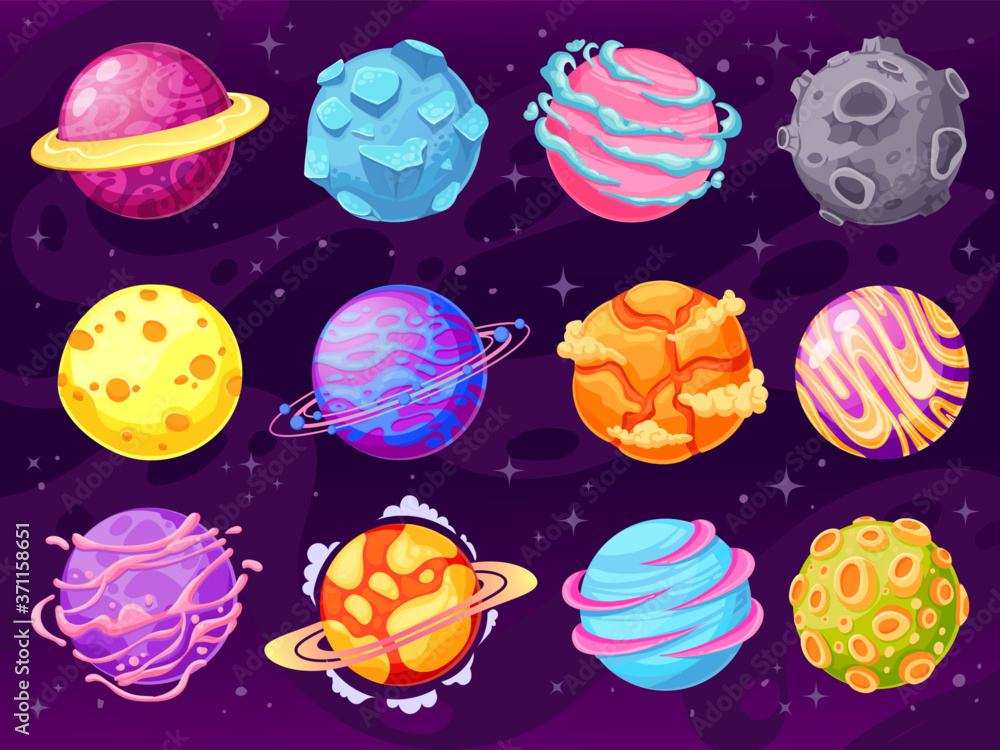 Fantasy planets. Colorful cosmic planet objects for game design fantastic galaxy world, astronomy space universe cartoon vector set. Illustration cosmic space, collection cartoon planets - obrazy, fototapety, plakaty 