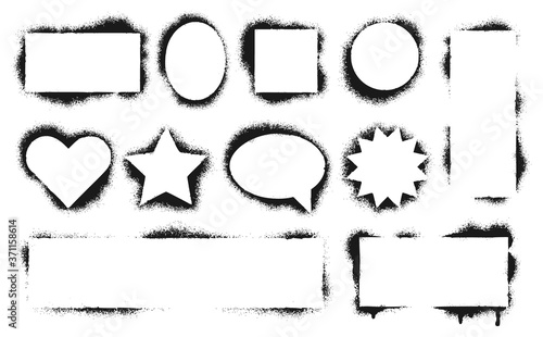 Stencil frames. Dirty texture border, black grunge paint, shape decoration ink rubber stamp heart and star. Vector illustration