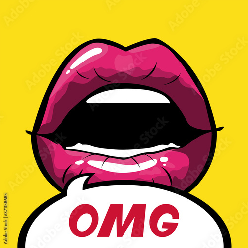 female and pink pop art mouth with omg bubble vector design