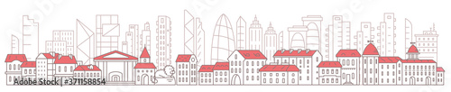 City panorama. History downtown against the backdrop of modern skyscrapers. Red roofs. Long horizontal banner. Vector contour outline illustration. Parallax ready © ilyakalinin